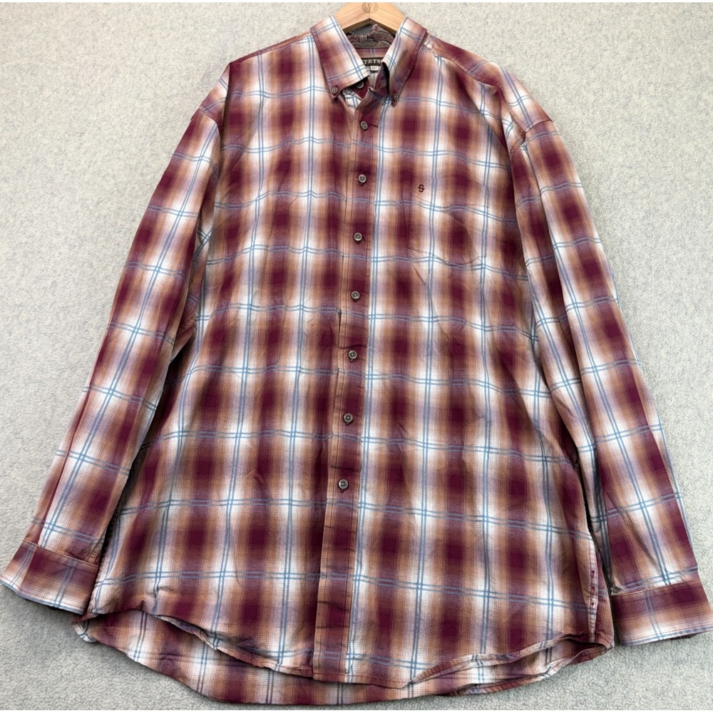 Stetson Mens Button Down Shirt Burgundy Blue Plaid Classic Logo Outdoor 2XT